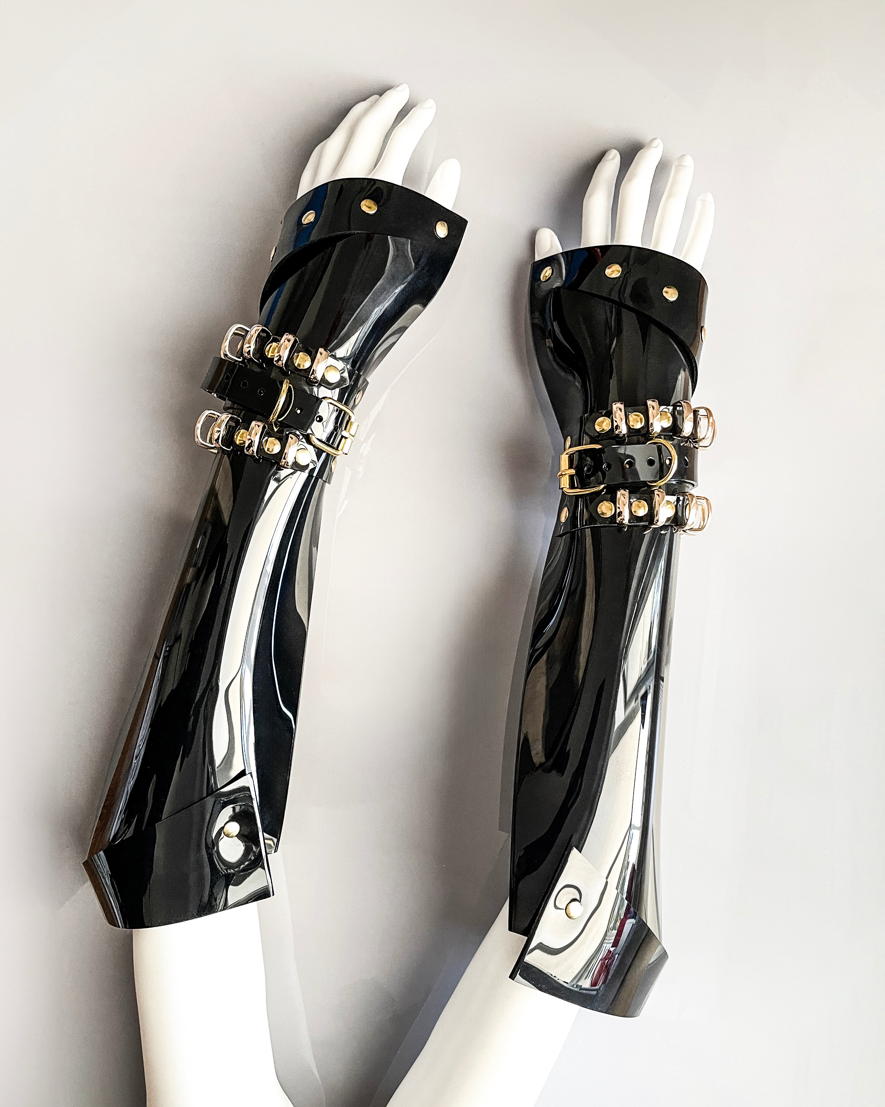 Jivomir Domoustchiev vegan vinyl sculpture cuffs with mini rings gauntlets cosplay ink fashion future