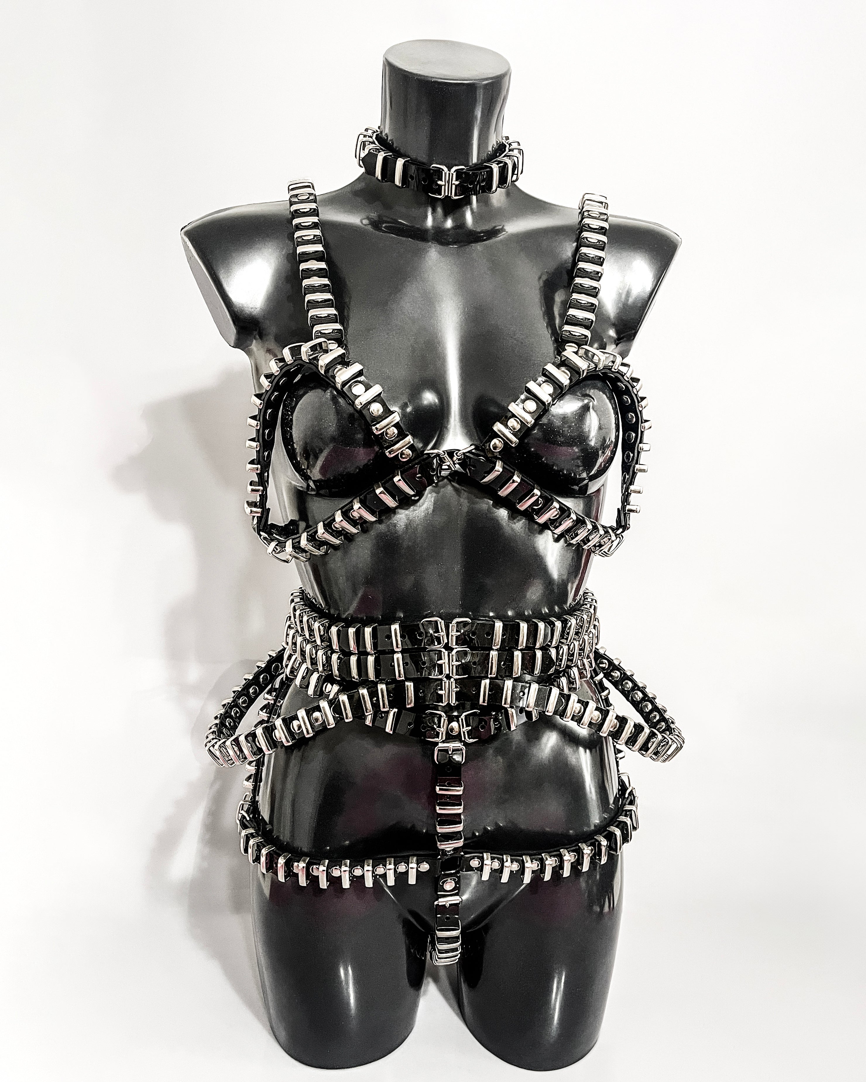Jivomir Domoustchiev vegan vinyl pvc fashion wearable sculpture hand crafted to order only in East London Atelier independent luxury brand bras and panties knickers braves set collar choker kink belt