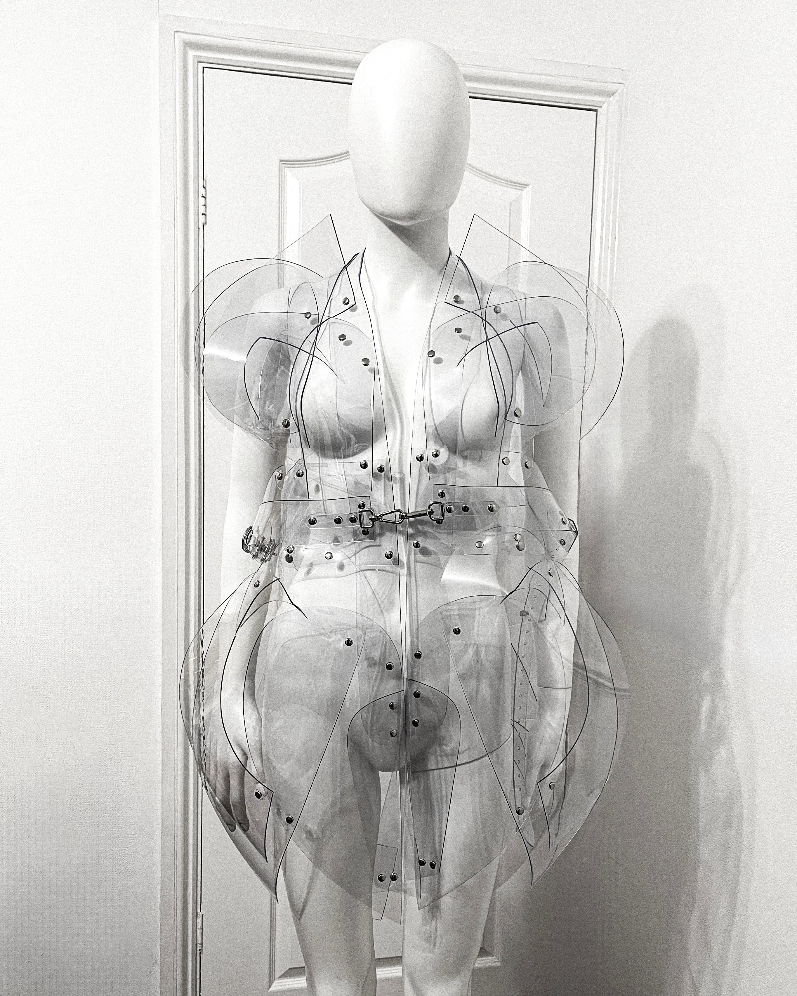 Jivomir Domoustchiev morphed transparent vegan vinyl pure Sculpture Galaxy coat. Beauty in symmetry artistic future expression