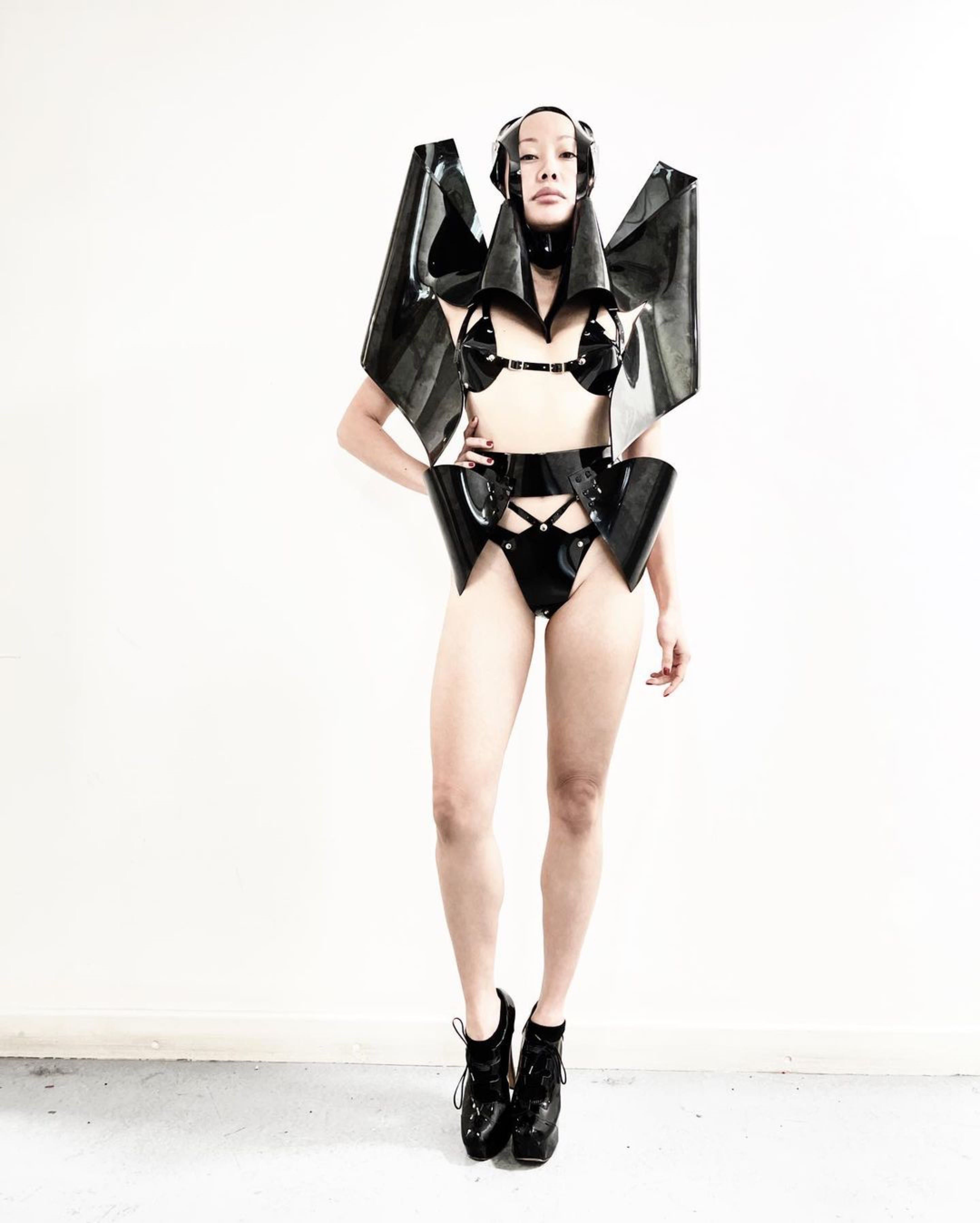 Jivomir Domoustchiev vegan vinyl pvc fashion wearable sculpture hand crafted to order only in East London Atelier independent luxury brand