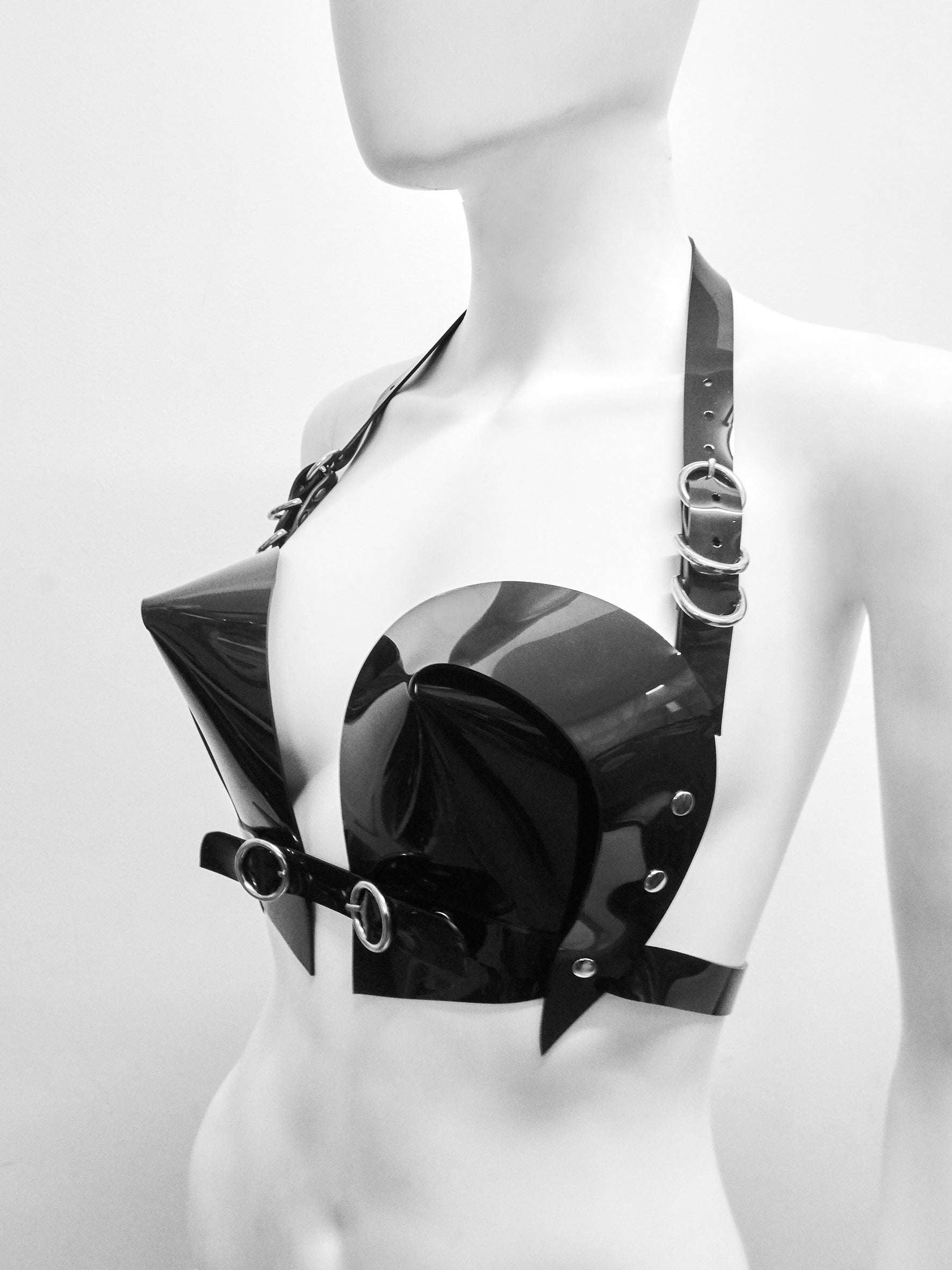 Jivomir Domoustchiev vegan vinyl pvc fashion wearable sculpture hand crafted to order only in East London Atelier independent luxury brand bras bustier corset