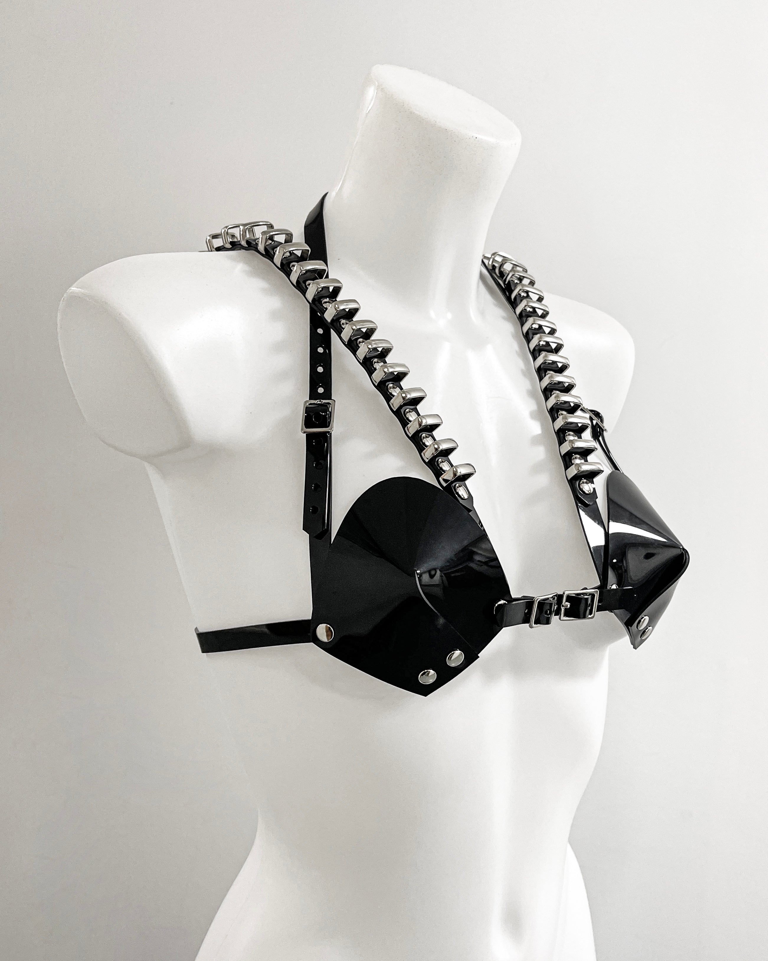 Jivomir Domoustchiev x Julien McDonald  vegan vinyl PVC fashion accessories belt harness collar choker bra bustier peplum corset kink cosplay vegan hand crafted London