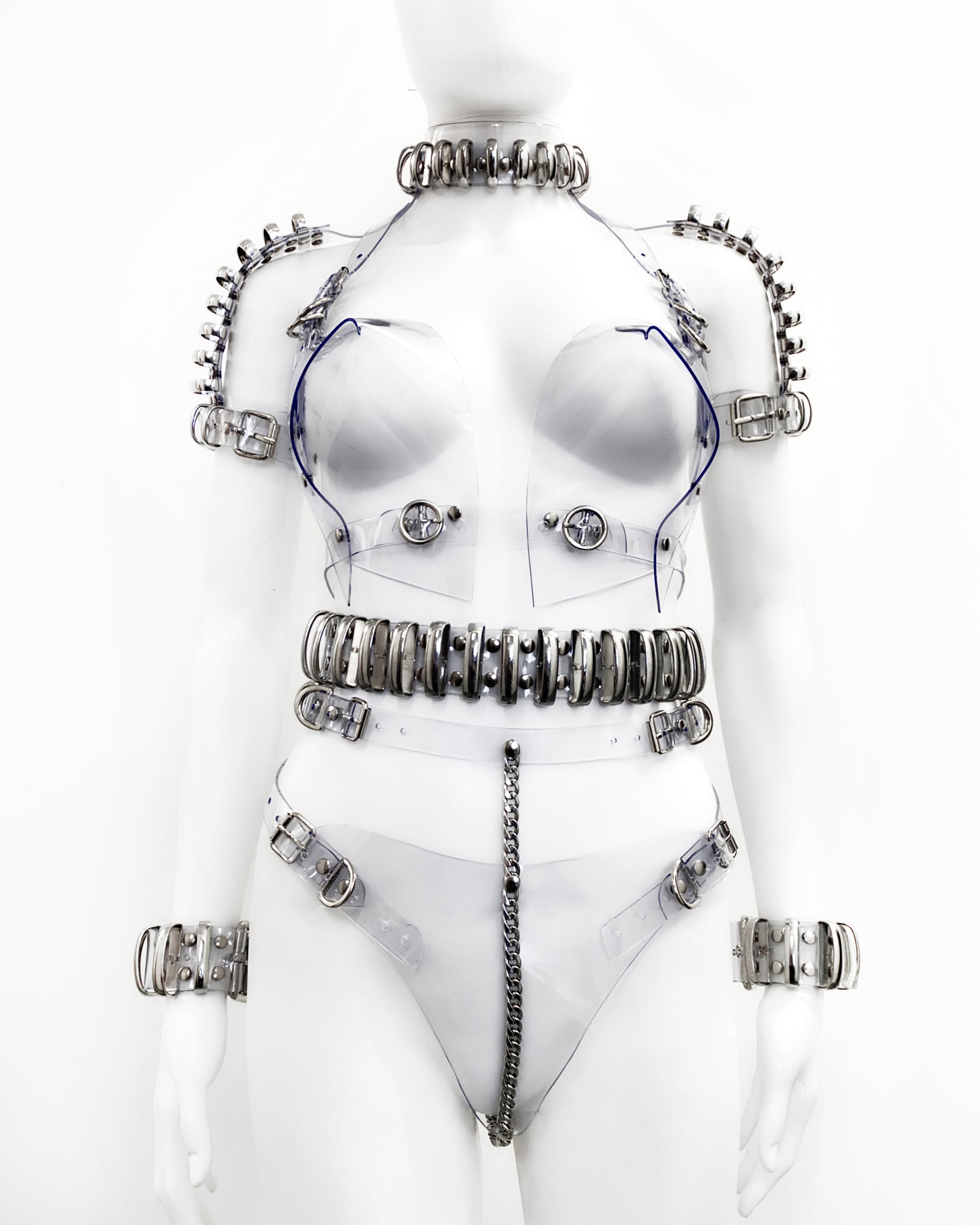 Jivomir Domoustchiev vegan vinyl sculpture fashion accessories hand crafted made in London kink avant garden future luxury mask bra thong belt gloves chocker transparent clear red black white blue orange