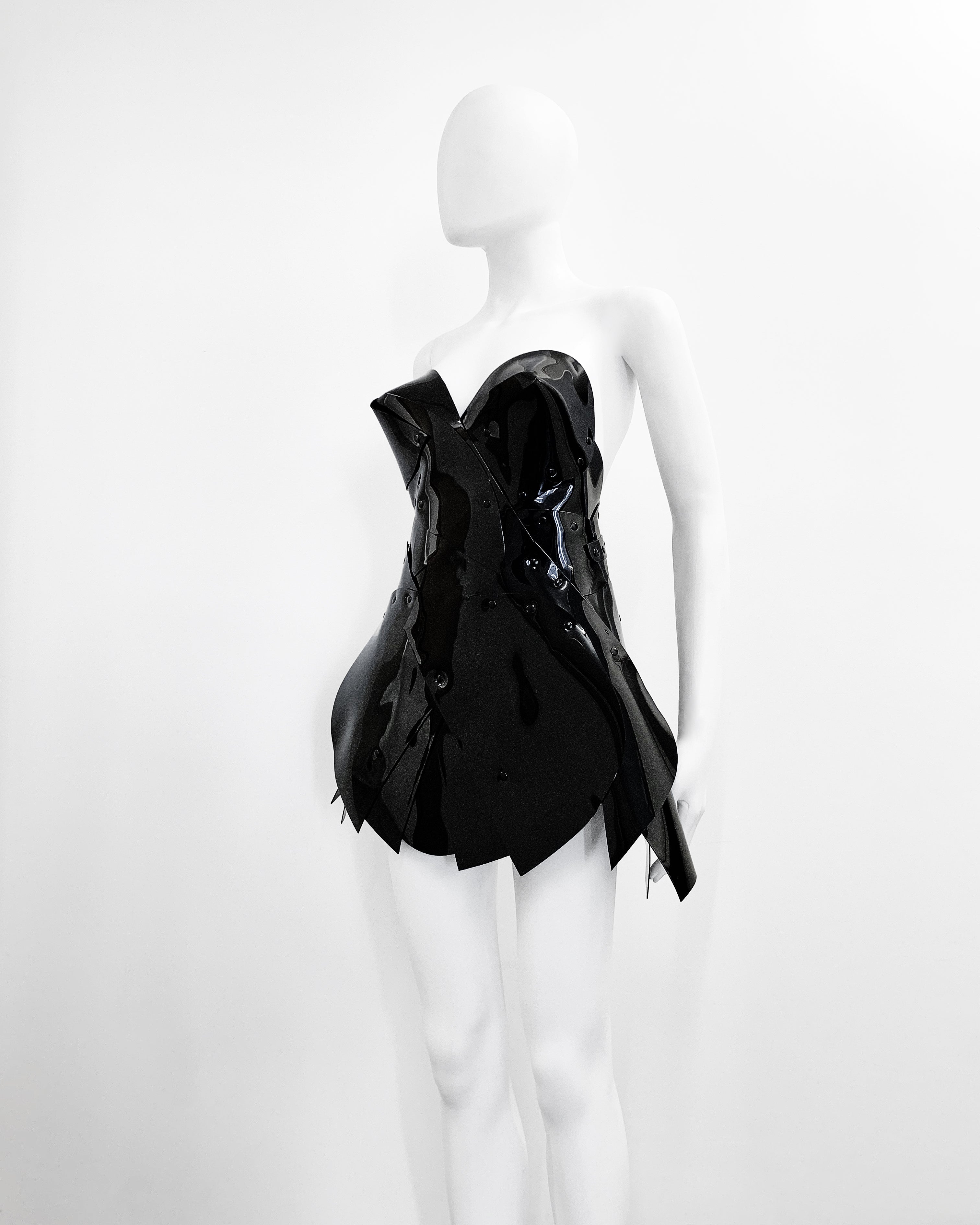 Jivomir Domoustchiev vegan vinyl pvc fashion wearable sculpture hand crafted to order only in East London Atelier independent luxury brand dress sculpture art couture