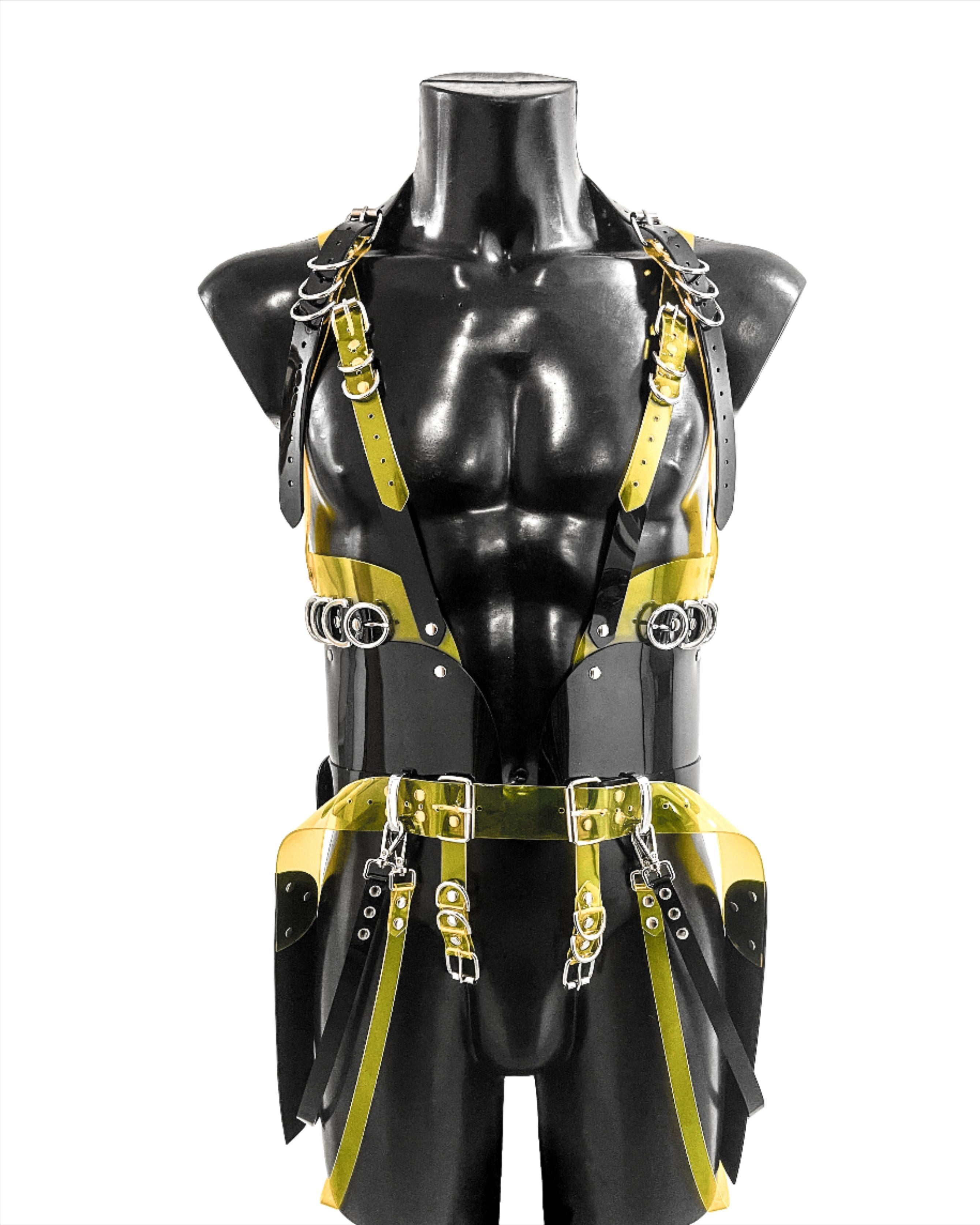 Jivomir Domoustchiev x Xtina Christina Aguilera multi buckle harness in vegan vinyl crafted to order luxury future fashion harness kink fetish love latex cosplay superhero belt