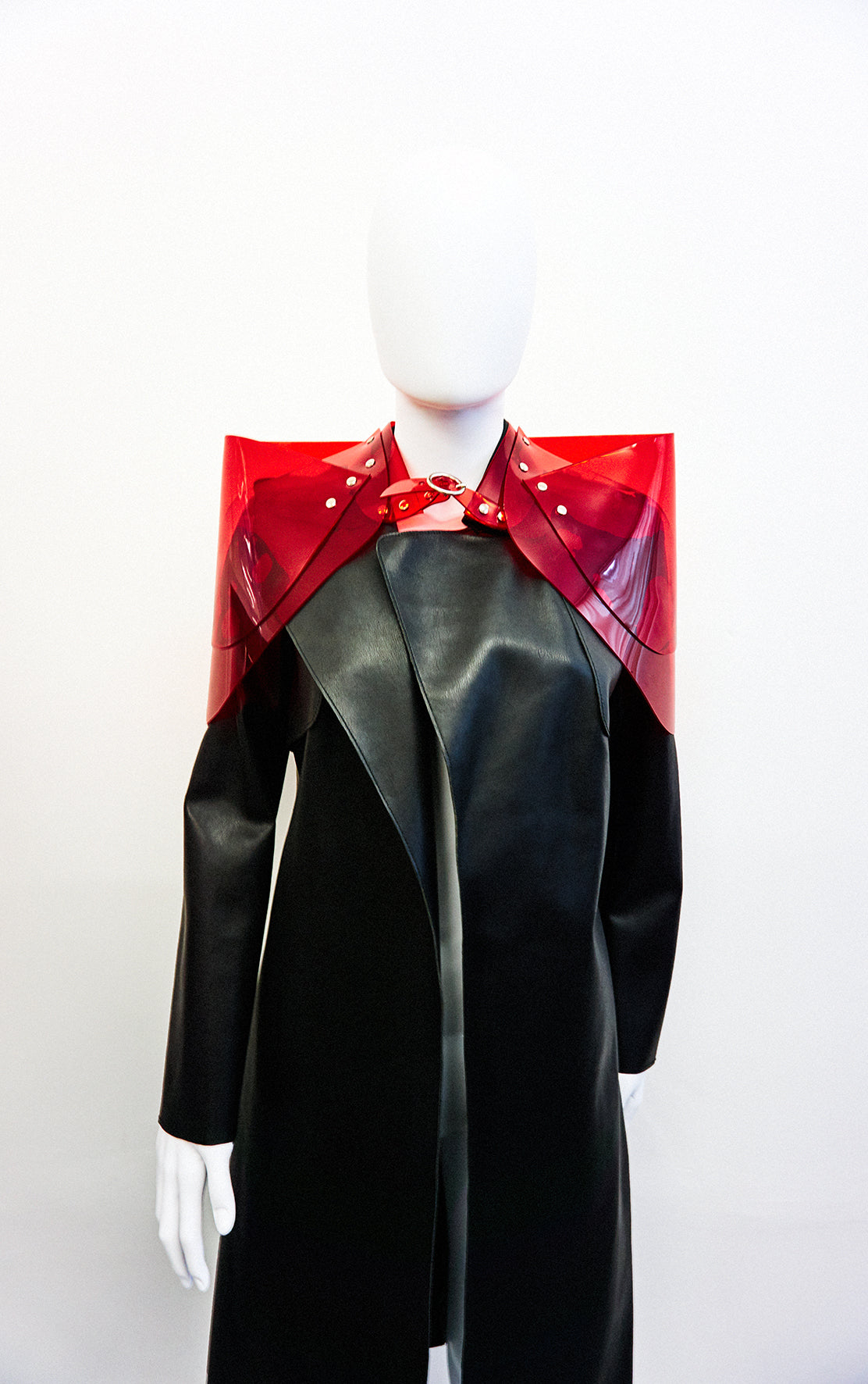 Jivomir Domoustchiev sculpture vegan vinyl shoulder pads jacket transparent red Jivomir Domoustchiev vegan vinyl pvc fashion wearable sculpture hand crafted to order only in East London Atelier independent luxury brand jacket shoulder pads sculpture