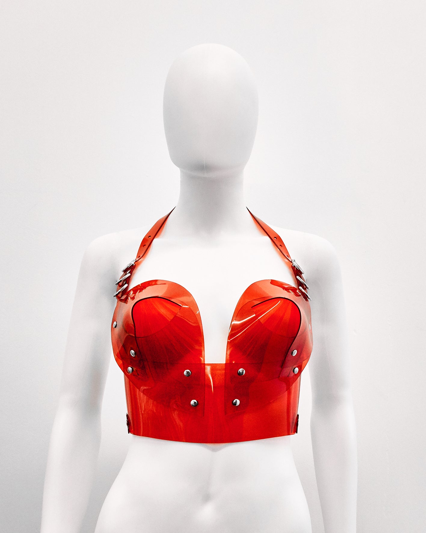 Jivomir Domoustchiev  vegan vinyl sculpture bustier transparent red