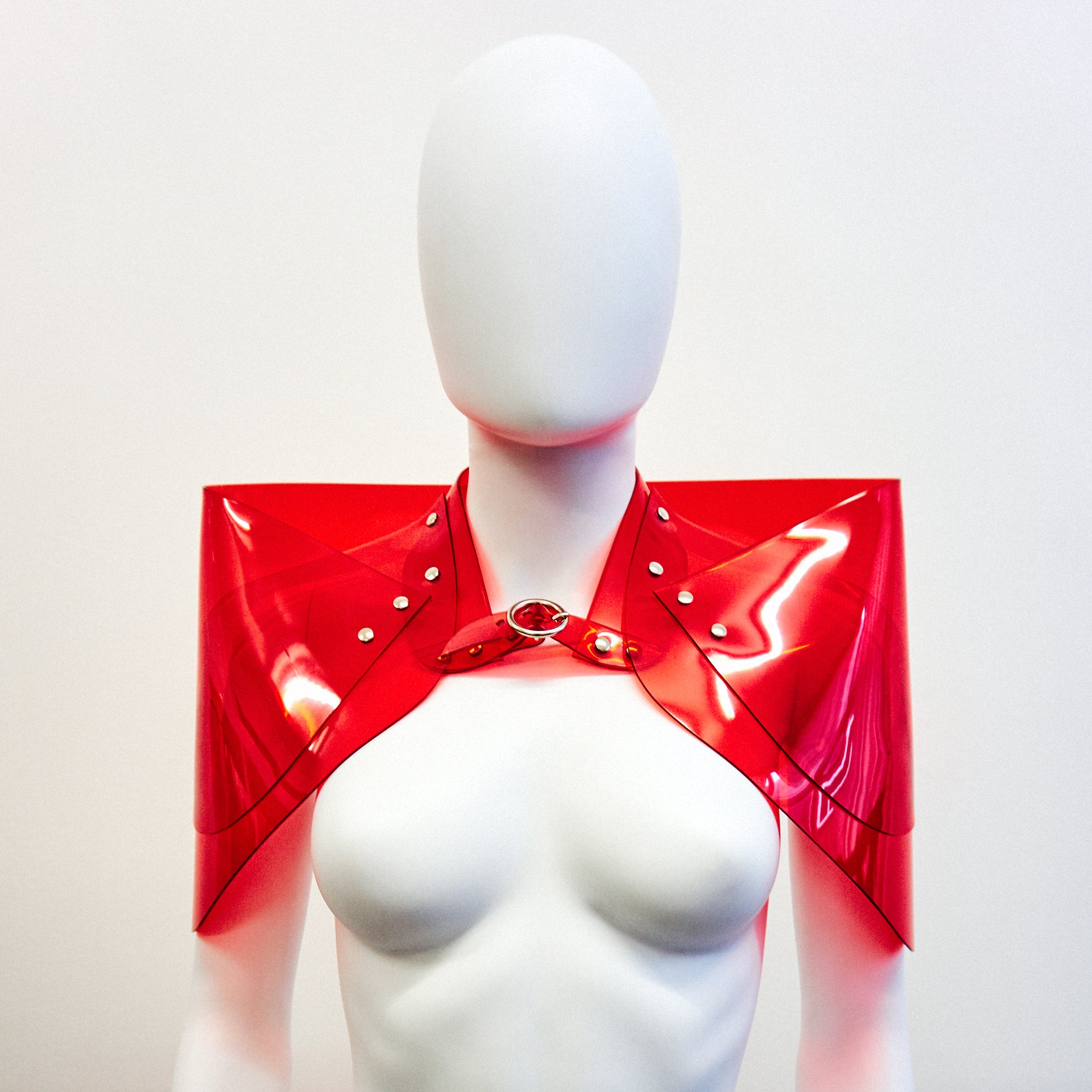 Jivomir Domoustchiev sculpture vegan vinyl shoulder pads jacket transparent red Jivomir Domoustchiev vegan vinyl pvc fashion wearable sculpture hand crafted to order only in East London Atelier independent luxury brand jacket shoulder pads sculpture