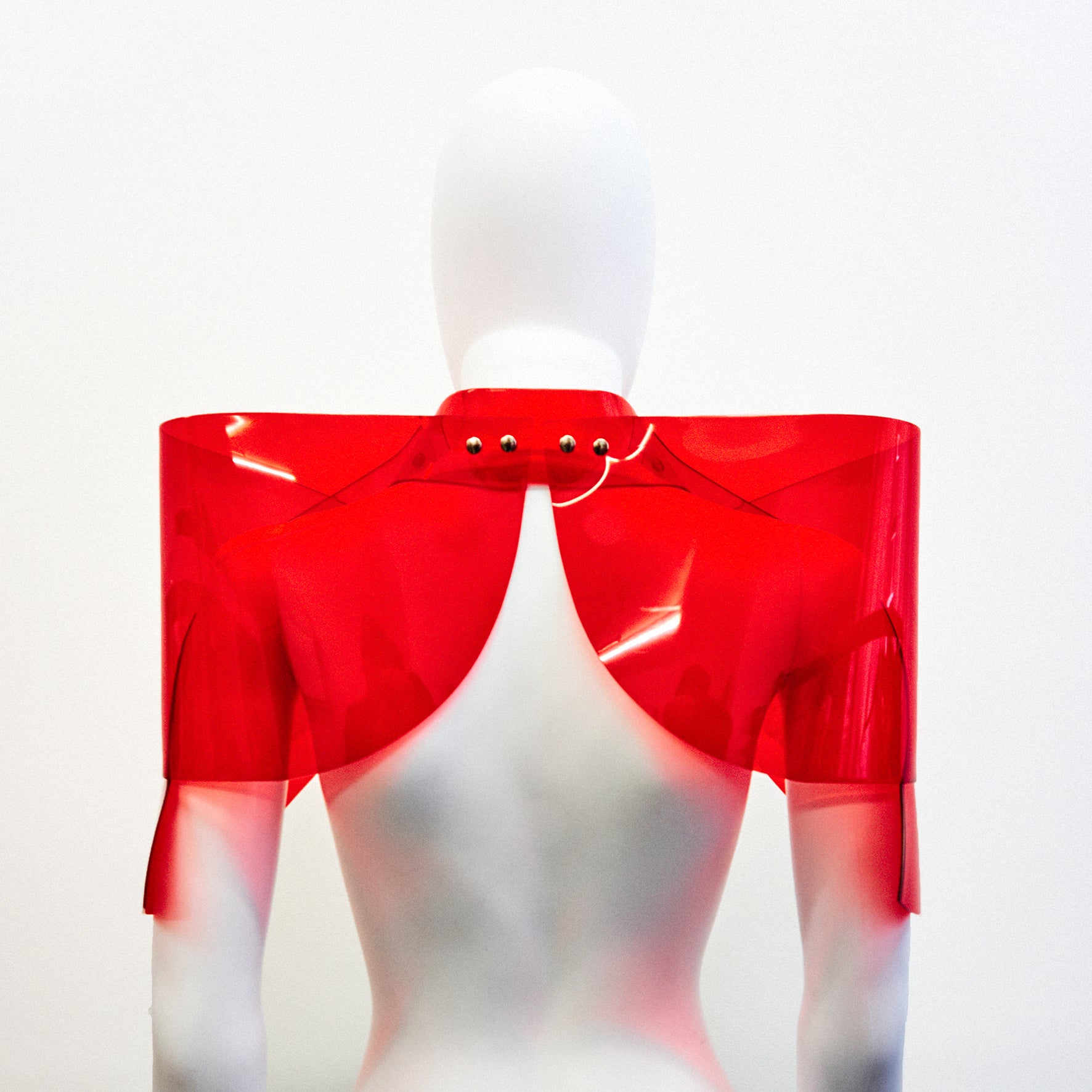 Jivomir Domoustchiev sculpture vegan vinyl shoulder pads jacket transparent red Jivomir Domoustchiev vegan vinyl pvc fashion wearable sculpture hand crafted to order only in East London Atelier independent luxury brand jacket shoulder pads sculpture