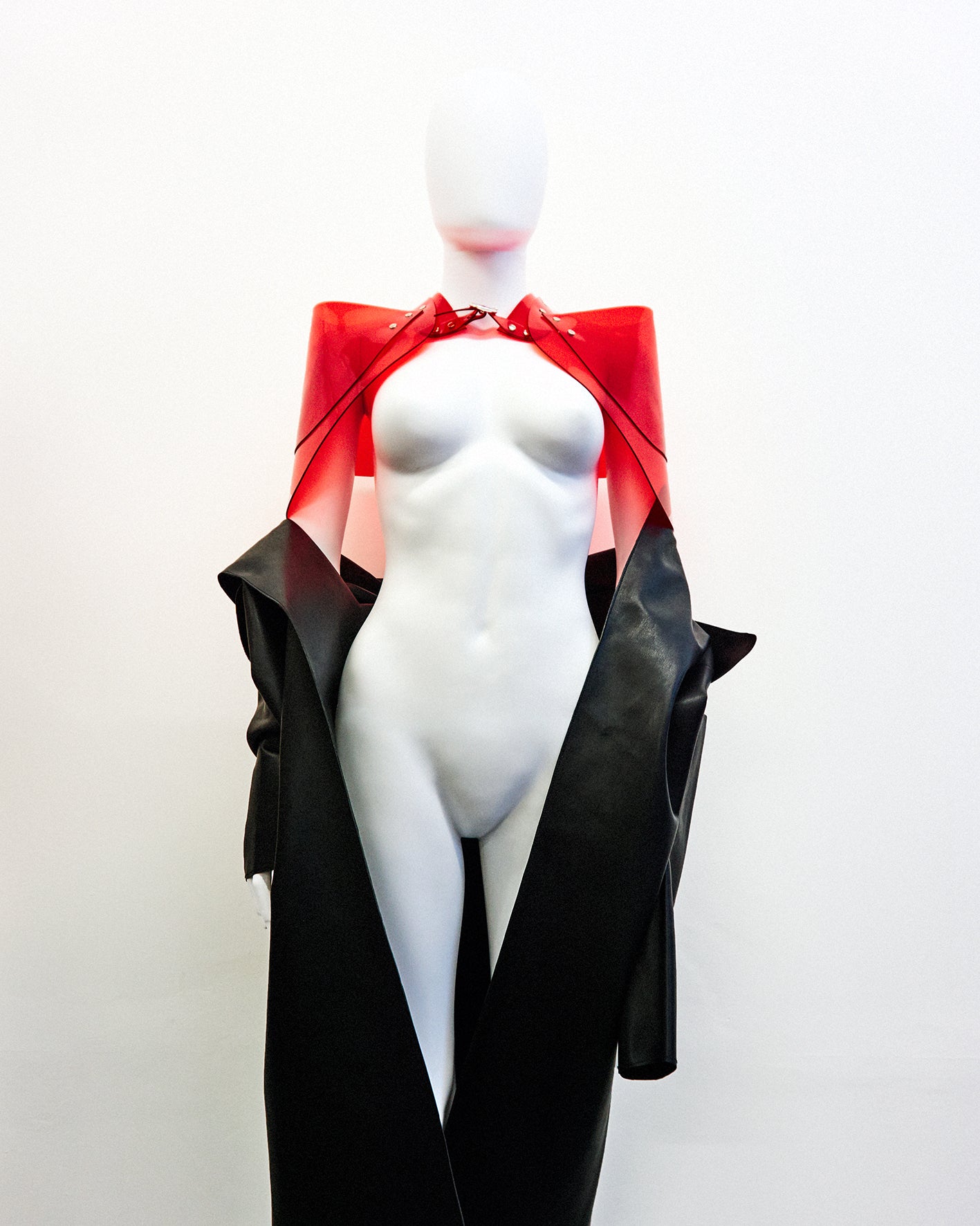 Jivomir Domoustchiev sculpture vegan vinyl shoulder pads jacket transparent red Jivomir Domoustchiev vegan vinyl pvc fashion wearable sculpture hand crafted to order only in East London Atelier independent luxury brand jacket shoulder pads sculpture