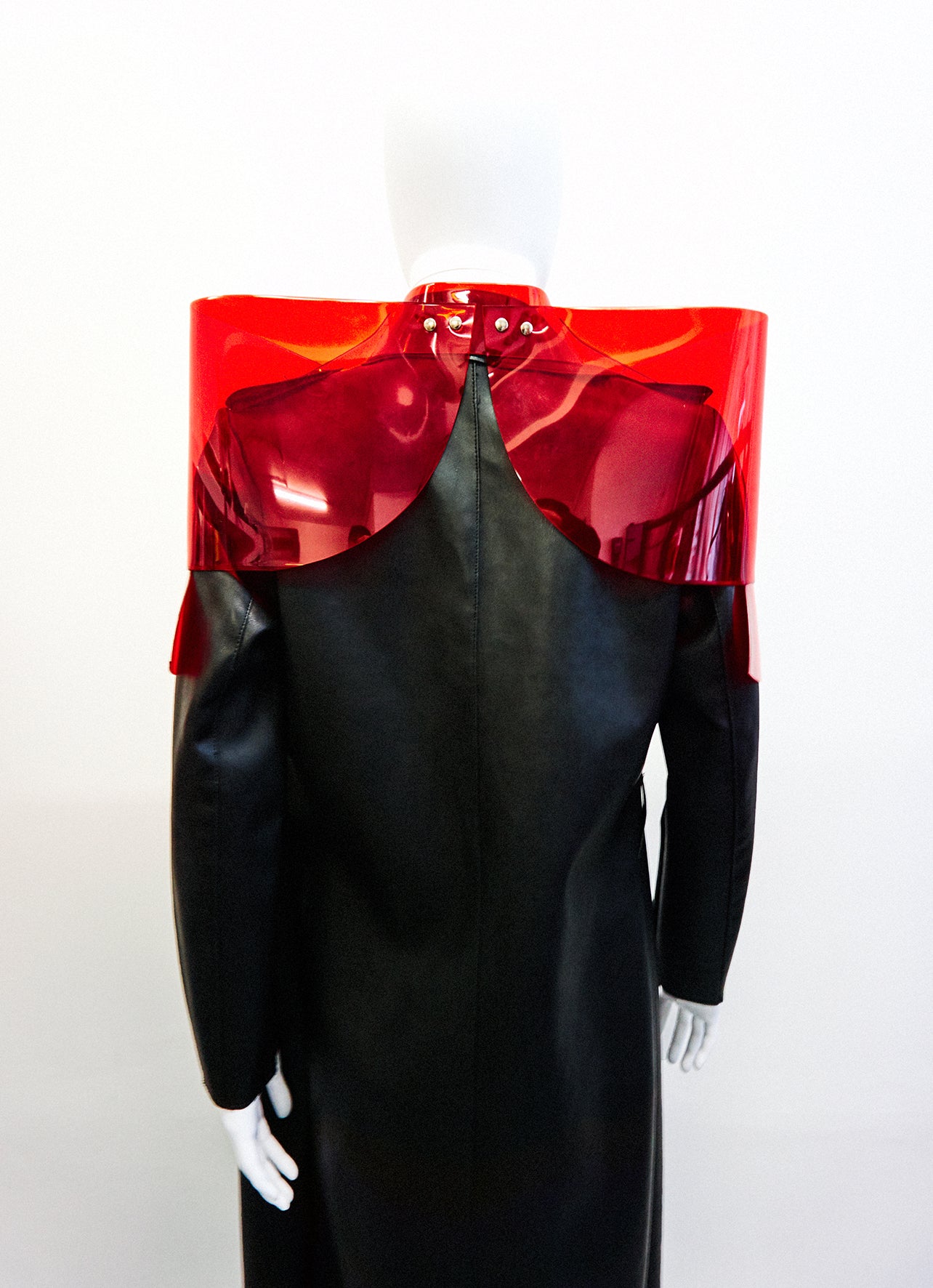 Jivomir Domoustchiev sculpture vegan vinyl shoulder pads jacket transparent red Jivomir Domoustchiev vegan vinyl pvc fashion wearable sculpture hand crafted to order only in East London Atelier independent luxury brand jacket shoulder pads sculpture