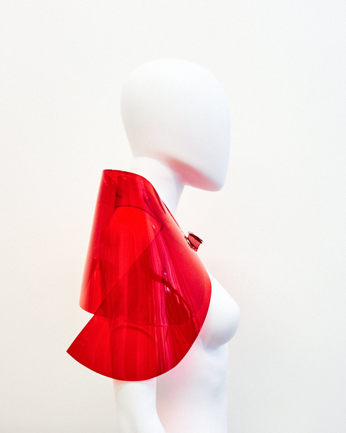 Jivomir Domoustchiev sculpture vegan vinyl shoulder pads jacket transparent red Jivomir Domoustchiev vegan vinyl pvc fashion wearable sculpture hand crafted to order only in East London Atelier independent luxury brand jacket shoulder pads sculpture