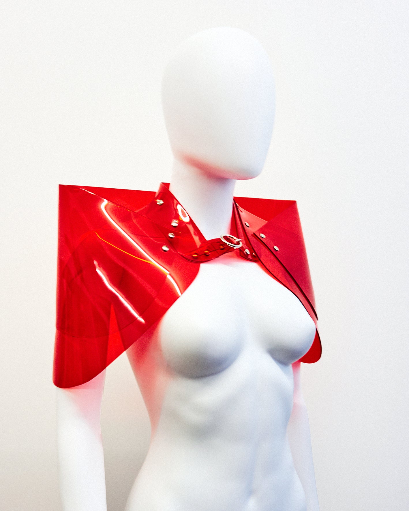 Jivomir Domoustchiev sculpture vegan vinyl shoulder pads jacket transparent red Jivomir Domoustchiev vegan vinyl pvc fashion wearable sculpture hand crafted to order only in East London Atelier independent luxury brand jacket shoulder pads sculpture