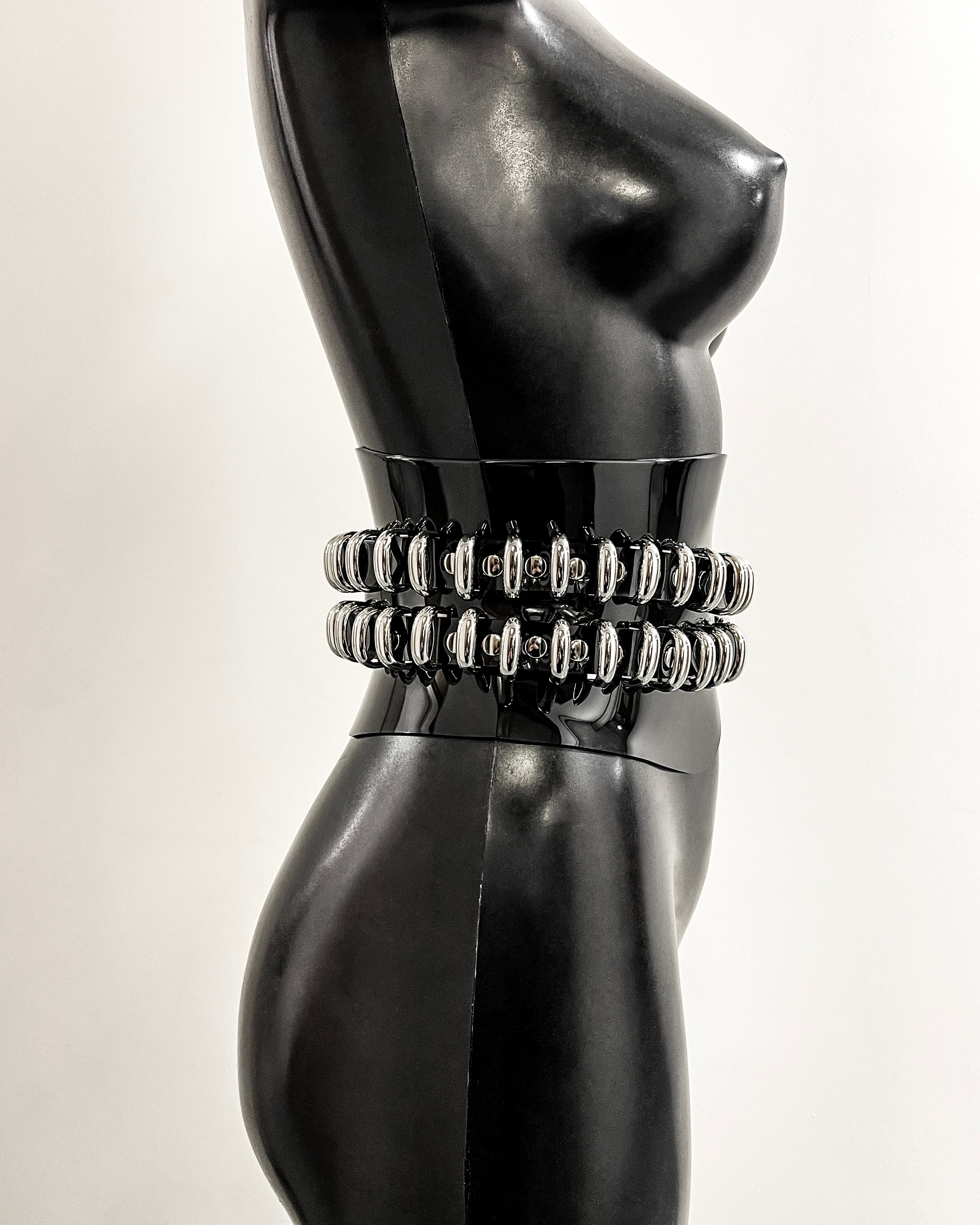 Jivomir Domoustchiev x Julien McDonald  vegan vinyl PVC fashion accessories belt harness collar choker bra bustier peplum corset kink cosplay vegan hand crafted London