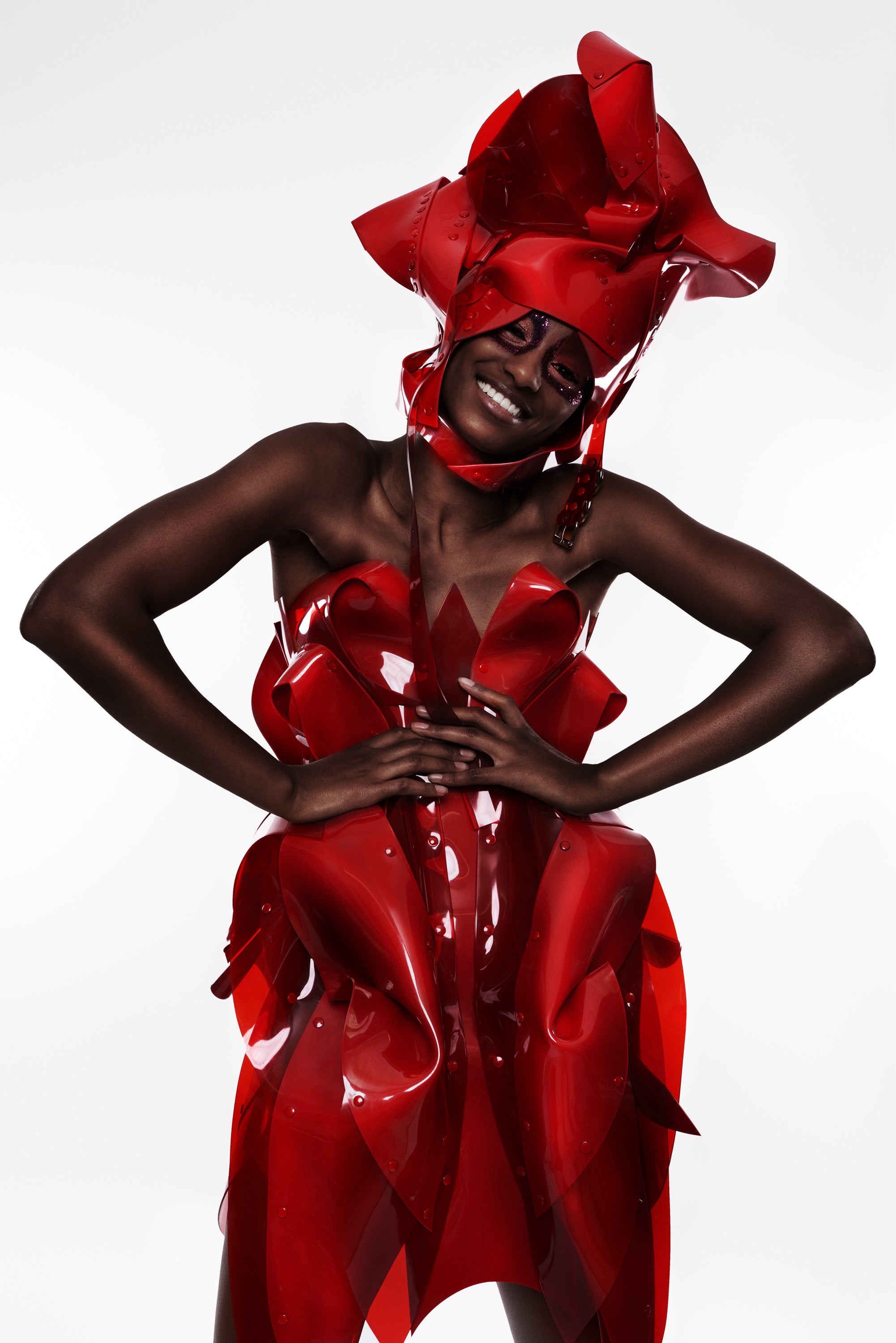 Jivomir Domoustchiev vegan vinyl pvc fashion wearable sculpture hand crafted to order only in East London Atelier independent luxury brand dress sculpture art couture